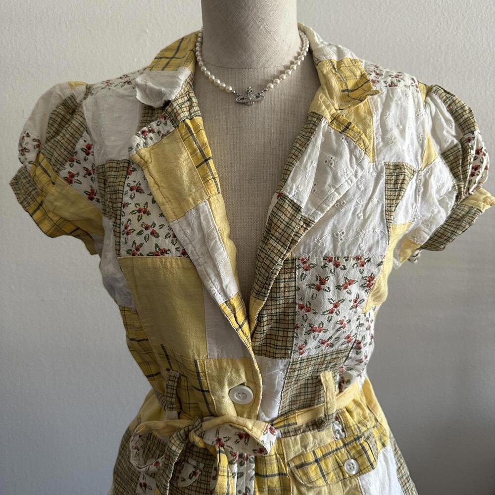 Yellow Patchwork Cap Sleeve Button Blouse - image 6